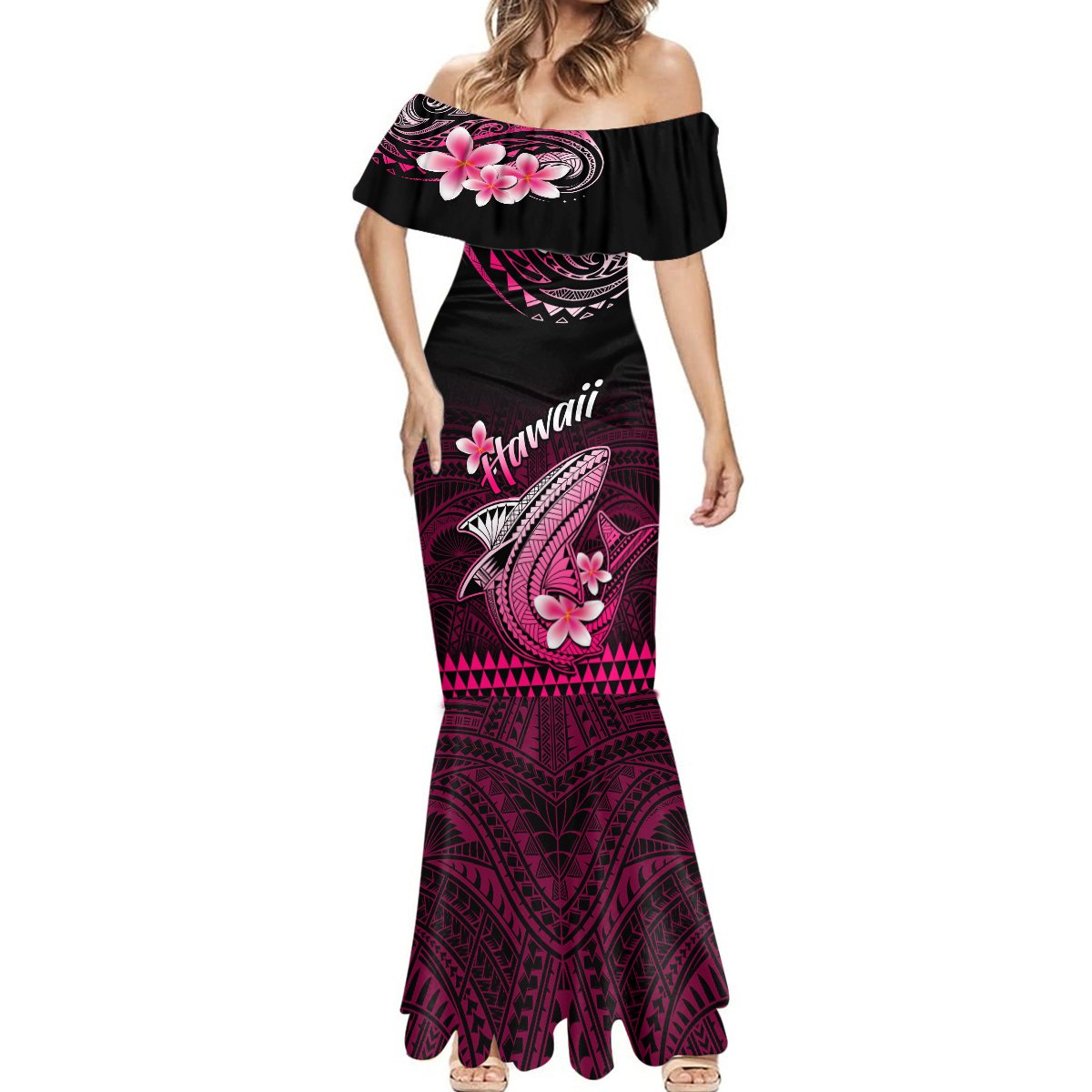Hawaii Mermaid Dress Polynesian Shark with Kakau Pink Version LT01 - Polynesian Pride