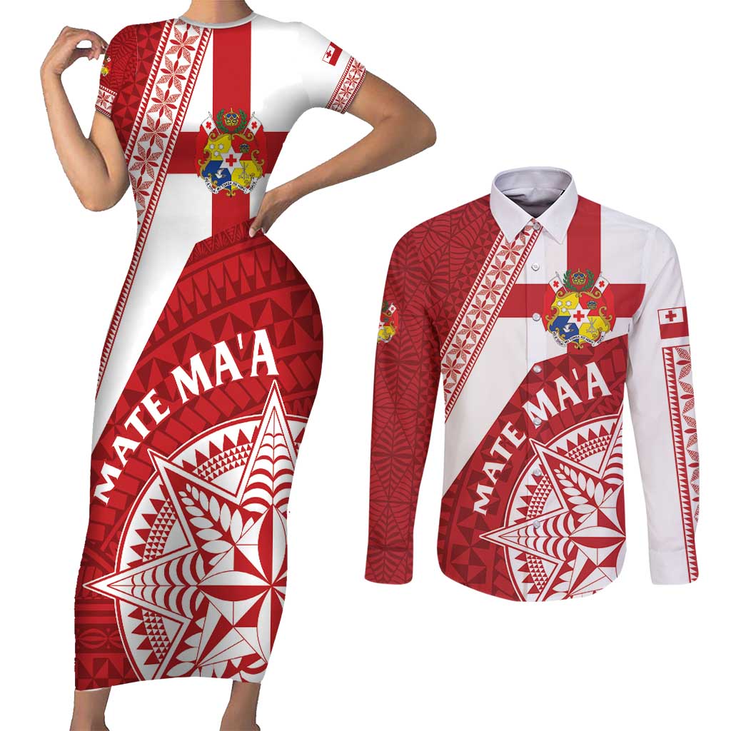 Custom Tonga Rugby Mate Maa Couples Matching Short Sleeve Bodycon Dress and Long Sleeve Button Shirt Ngatu Pattern