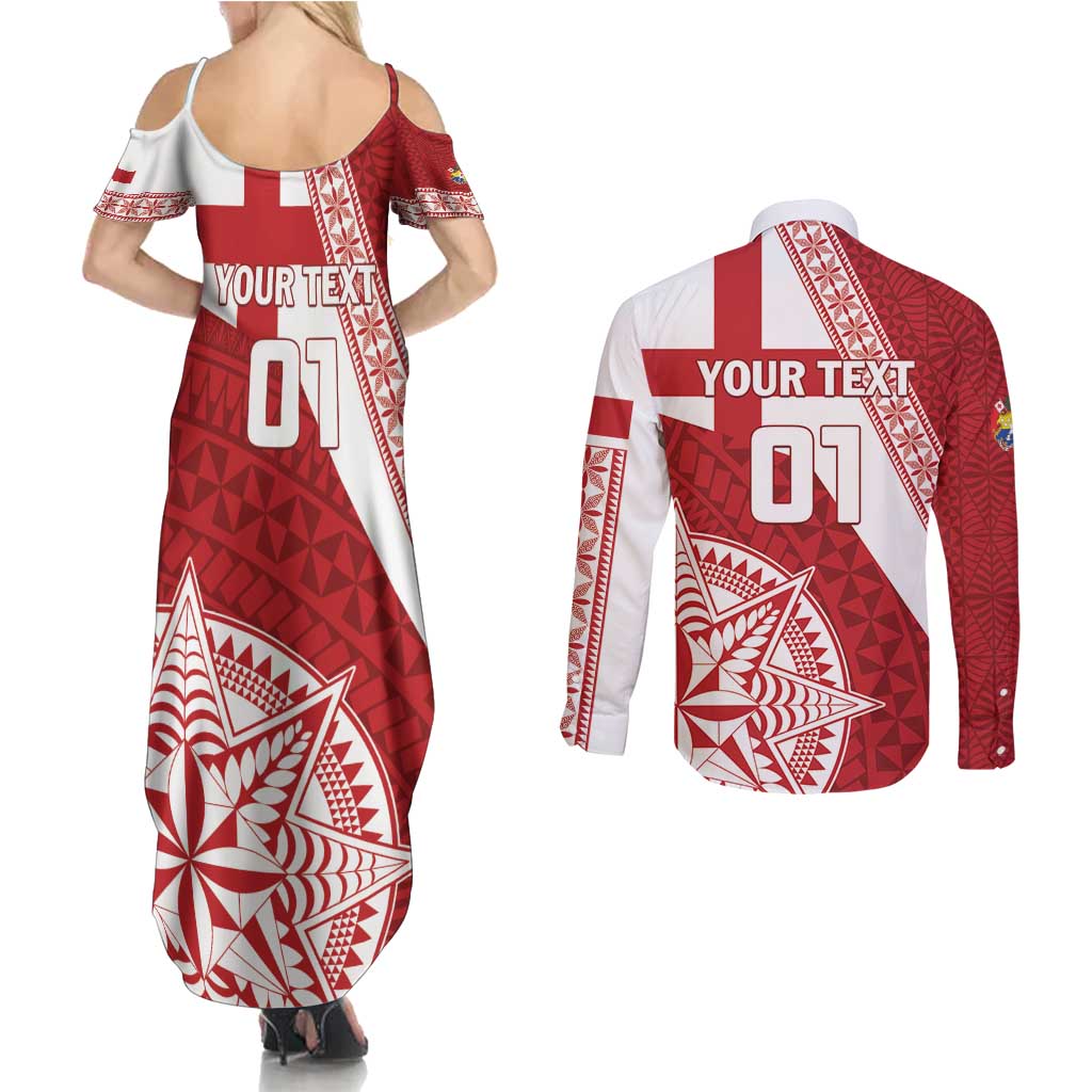 Custom Tonga Rugby Mate Maa Couples Matching Summer Maxi Dress and Long Sleeve Button Shirt Ngatu Pattern