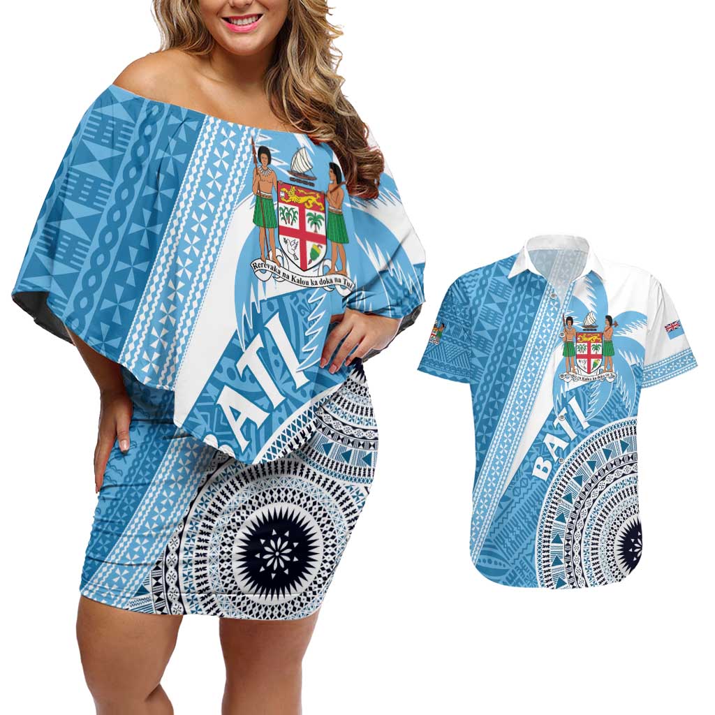 Custom Fiji Rugby Bati Couples Matching Off Shoulder Short Dress and Hawaiian Shirt Tapa Pattern LT01 Blue - Polynesian Pride
