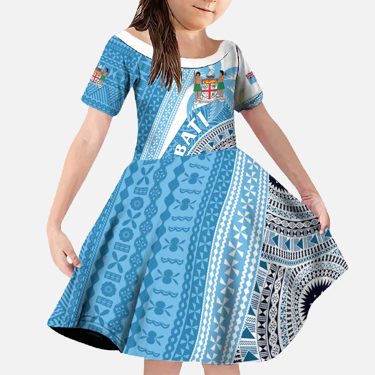 Custom Fiji Rugby Bati Family Matching Off The Shoulder Long Sleeve Dress and Hawaiian Shirt Tapa Pattern LT01 Daughter's Dress Blue - Polynesian Pride
