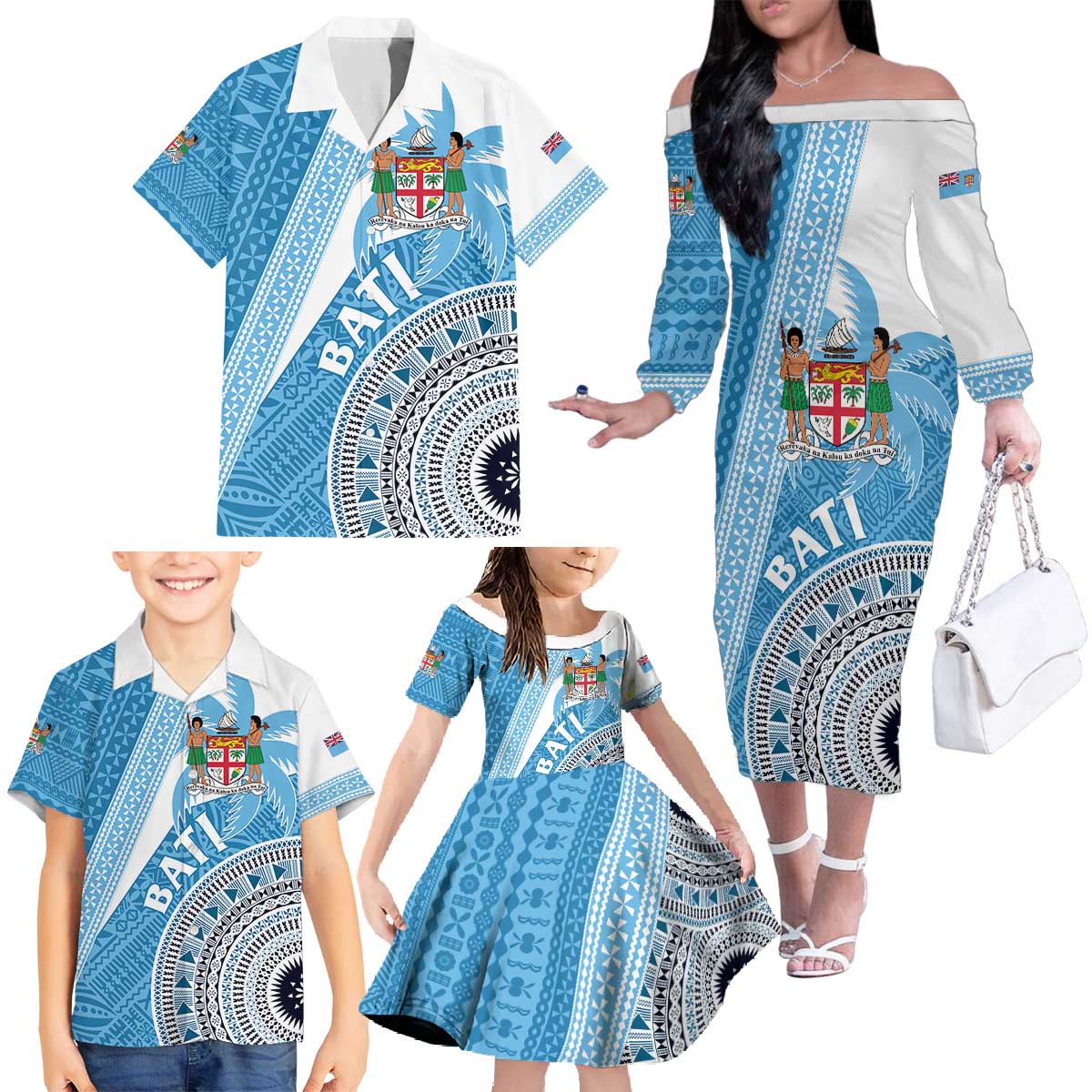Custom Fiji Rugby Bati Family Matching Off The Shoulder Long Sleeve Dress and Hawaiian Shirt Tapa Pattern