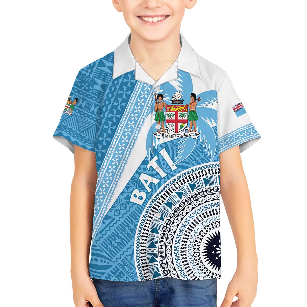 Custom Fiji Rugby Bati Family Matching Off The Shoulder Long Sleeve Dress and Hawaiian Shirt Tapa Pattern LT01 Son's Shirt Blue - Polynesian Pride