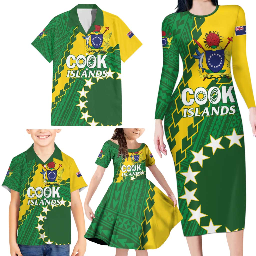Custom Cook Islands Rugby Kukis Family Matching Long Sleeve Bodycon Dress and Hawaiian Shirt Circle Stars LT01 - Polynesian Pride