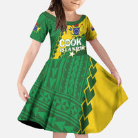 Custom Cook Islands Rugby Kukis Family Matching Mermaid Dress and Hawaiian Shirt Circle Stars LT01 Daughter's Dress Green - Polynesian Pride