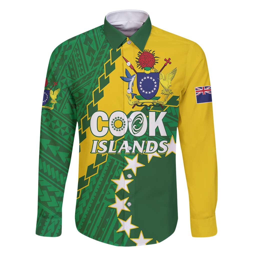 Custom Cook Islands Rugby Kukis Family Matching Mermaid Dress and Hawaiian Shirt Circle Stars LT01 Dad's Shirt - Long Sleeve Green - Polynesian Pride
