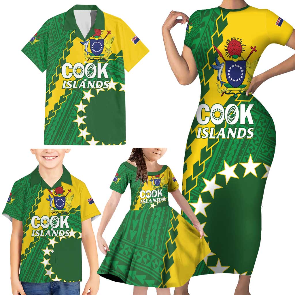 Custom Cook Islands Rugby Kukis Family Matching Short Sleeve Bodycon Dress and Hawaiian Shirt Circle Stars LT01 - Polynesian Pride