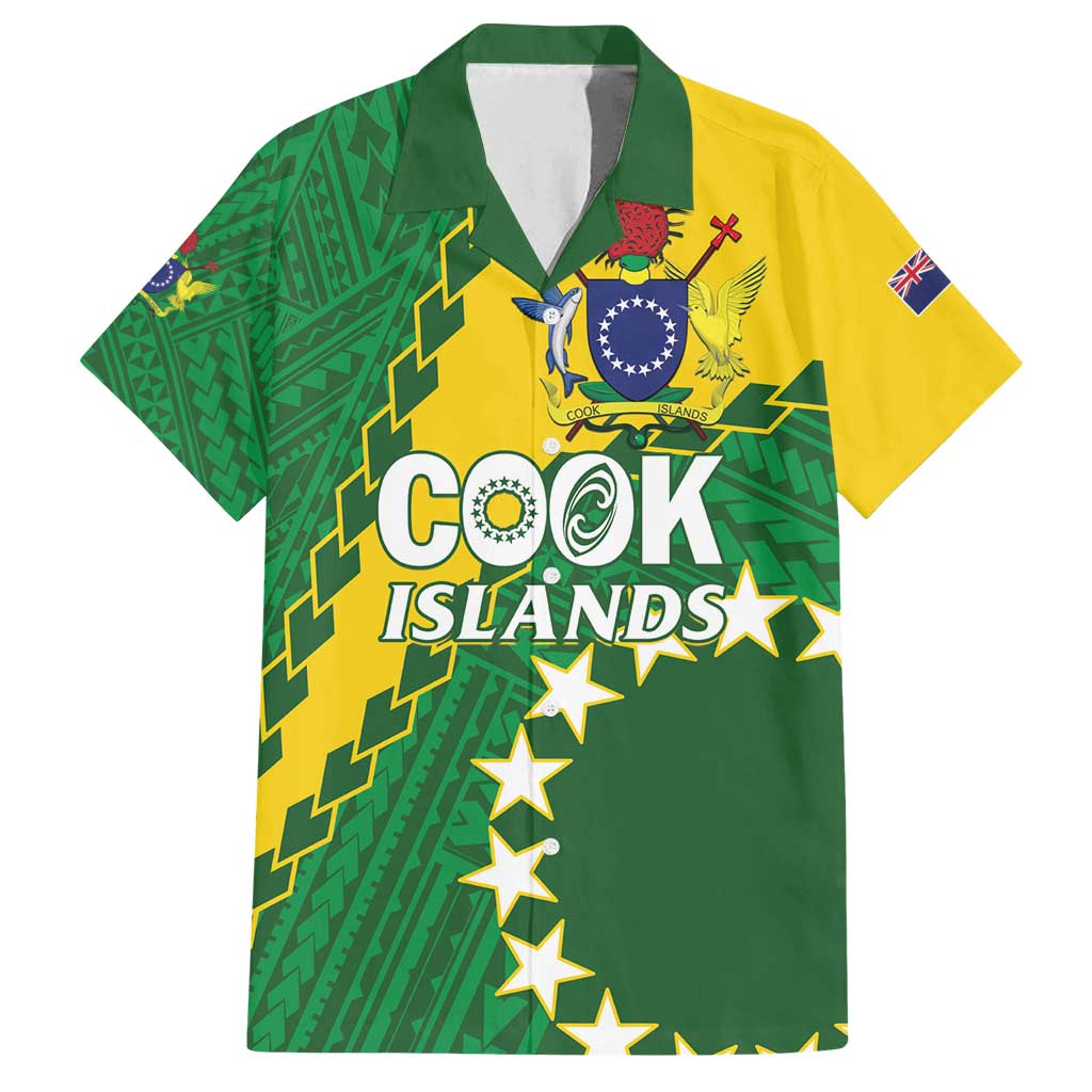Custom Cook Islands Rugby Kukis Family Matching Tank Maxi Dress and Hawaiian Shirt Circle Stars LT01 Dad's Shirt - Short Sleeve Green - Polynesian Pride