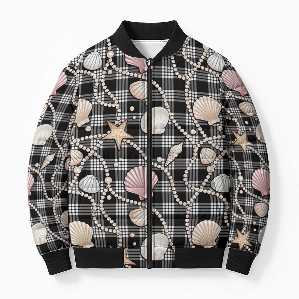 Hawaiian Ocean Seashells Bomber Puffer Jacket Black Palaka Pattern LT01 Unisex Black - Polynesian Pride