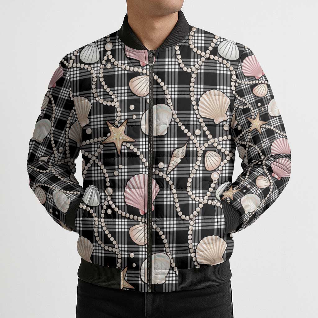 Hawaiian Ocean Seashells Bomber Puffer Jacket Black Palaka Pattern