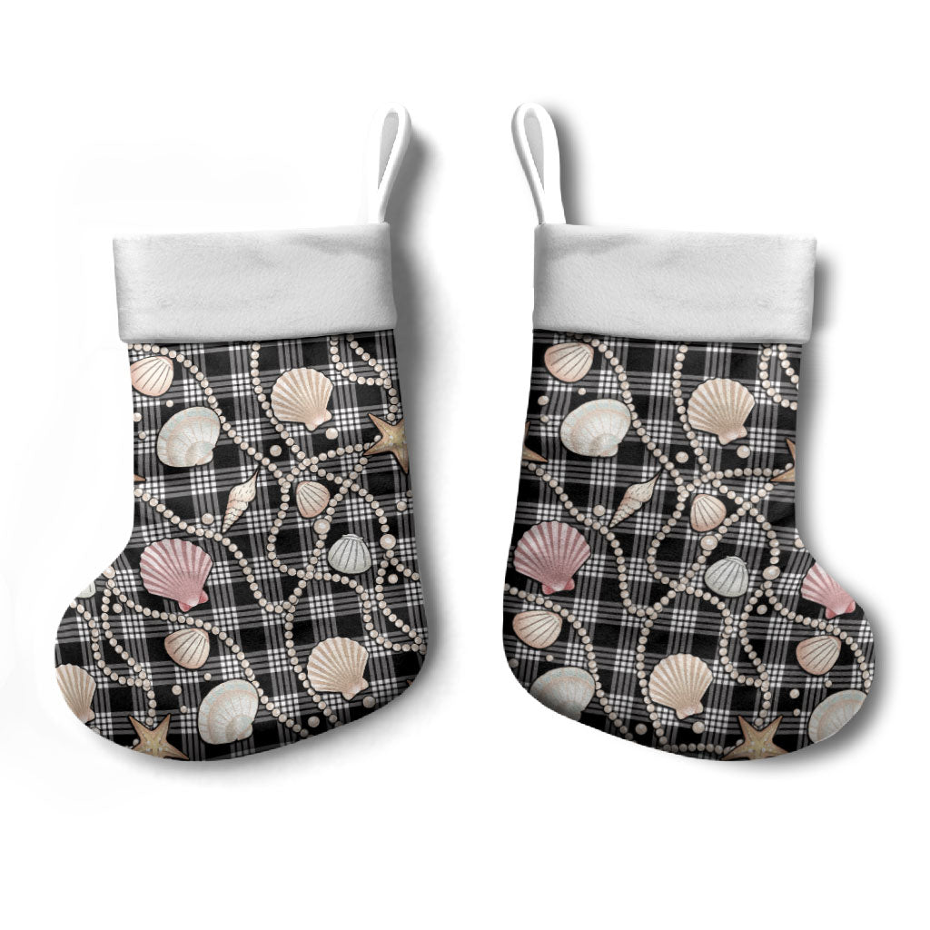 Hawaiian Ocean Seashells Christmas Stocking Black Palaka Pattern LT01 - Polynesian Pride