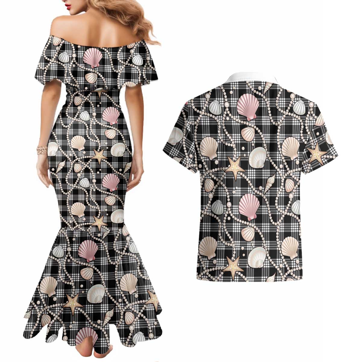 Hawaiian Ocean Seashells Couples Matching Mermaid Dress and Hawaiian Shirt Black Palaka Pattern