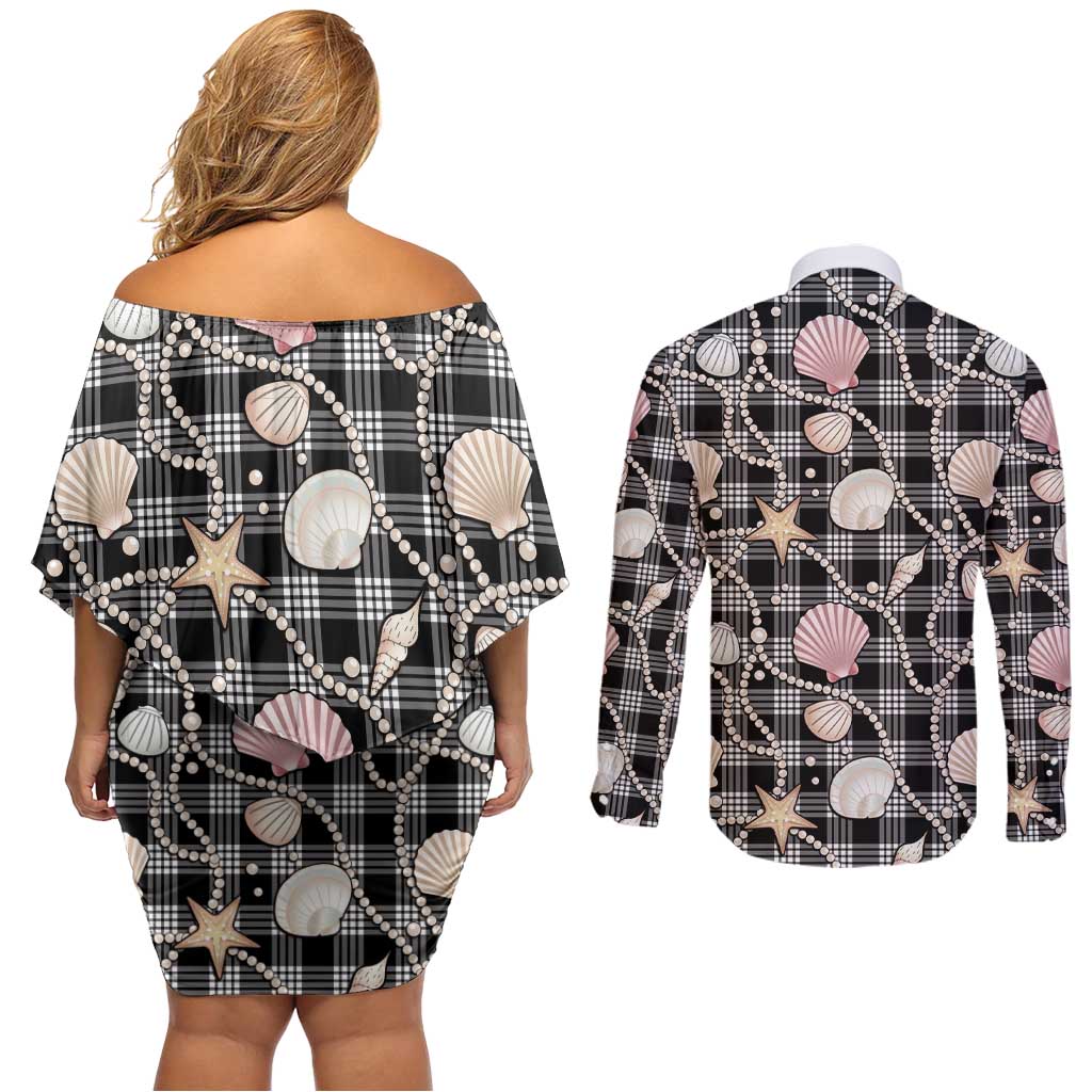 Hawaiian Ocean Seashells Couples Matching Off Shoulder Short Dress and Long Sleeve Button Shirt Black Palaka Pattern