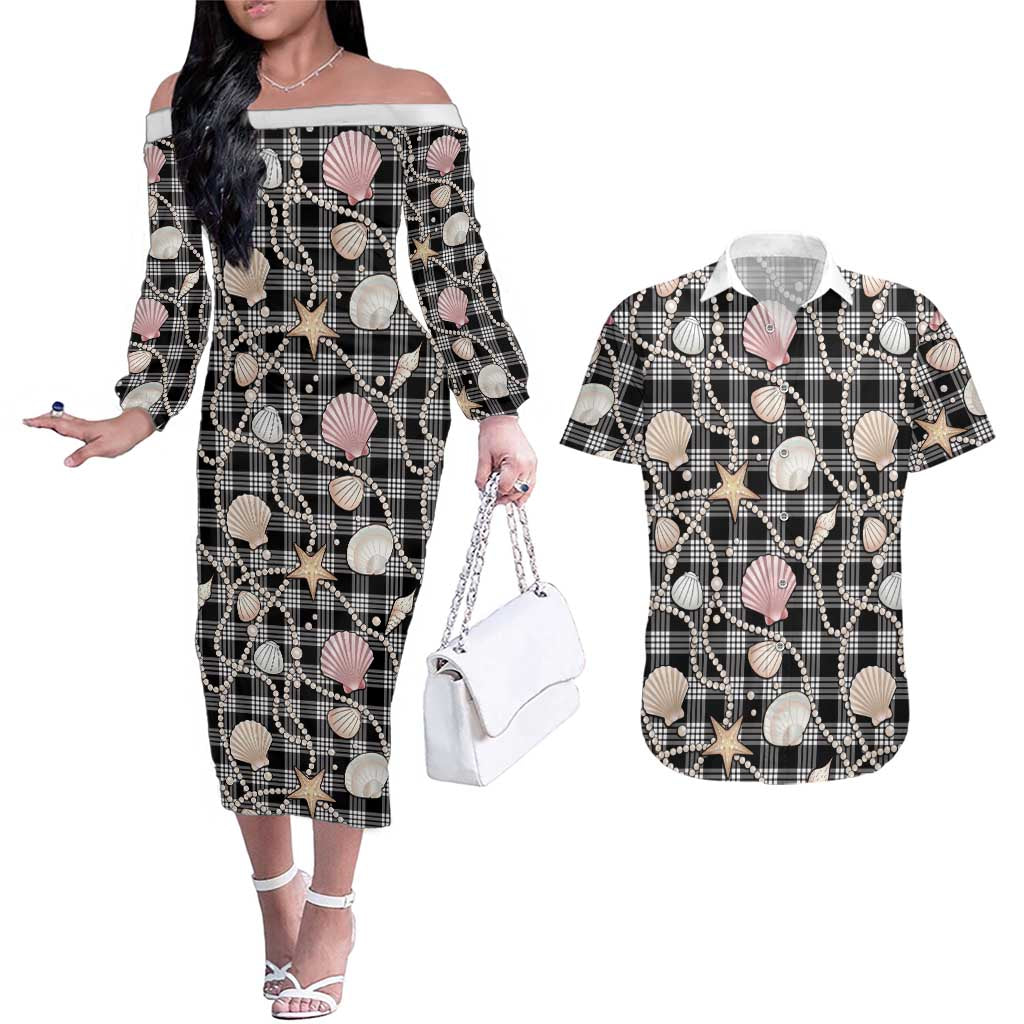 Hawaiian Ocean Seashells Couples Matching Off The Shoulder Long Sleeve Dress and Hawaiian Shirt Black Palaka Pattern
