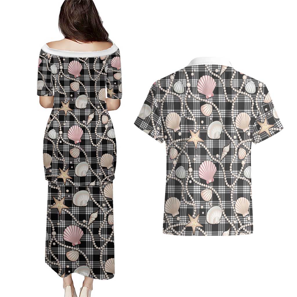 Hawaiian Ocean Seashells Couples Matching Puletasi and Hawaiian Shirt Black Palaka Pattern