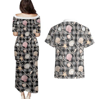 Hawaiian Ocean Seashells Couples Matching Puletasi and Hawaiian Shirt Black Palaka Pattern