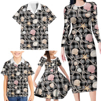 Hawaiian Ocean Seashells Family Matching Long Sleeve Bodycon Dress and Hawaiian Shirt Black Palaka Pattern