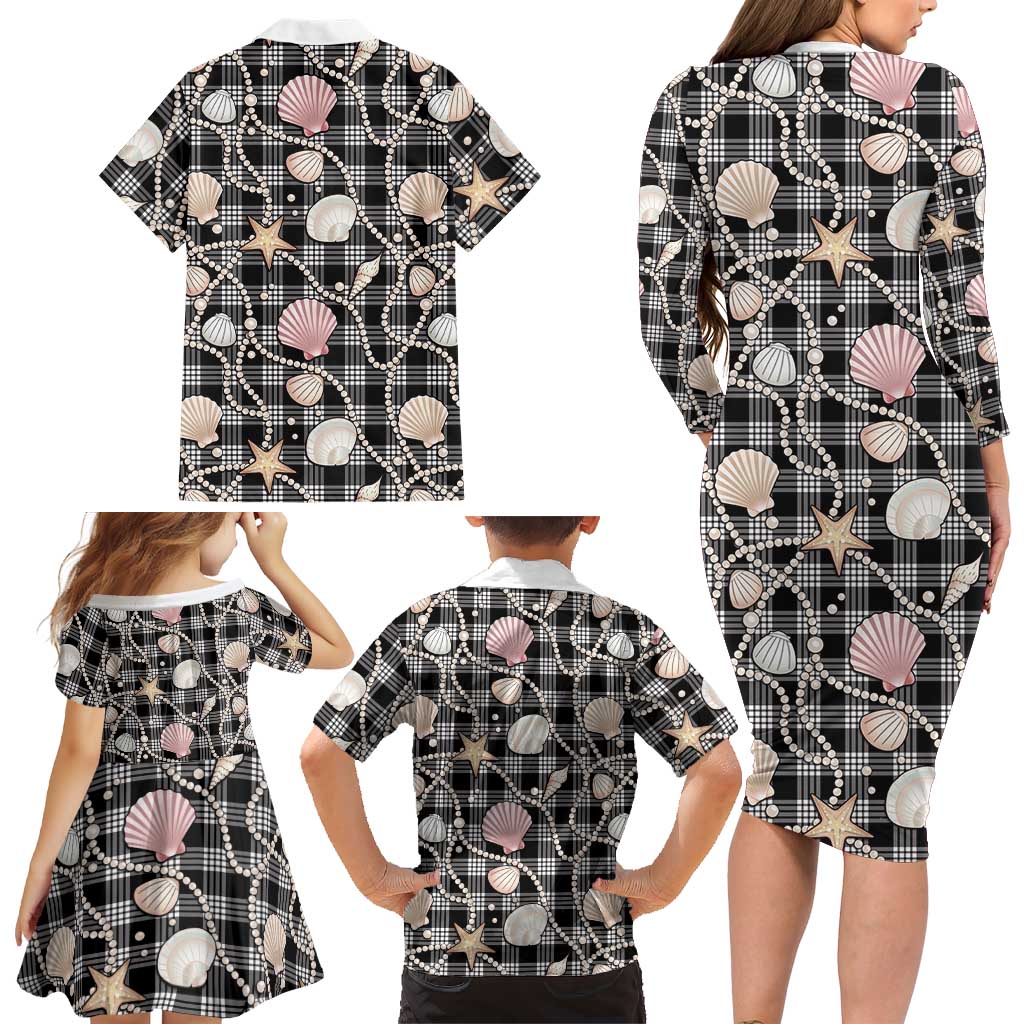 Hawaiian Ocean Seashells Family Matching Long Sleeve Bodycon Dress and Hawaiian Shirt Black Palaka Pattern