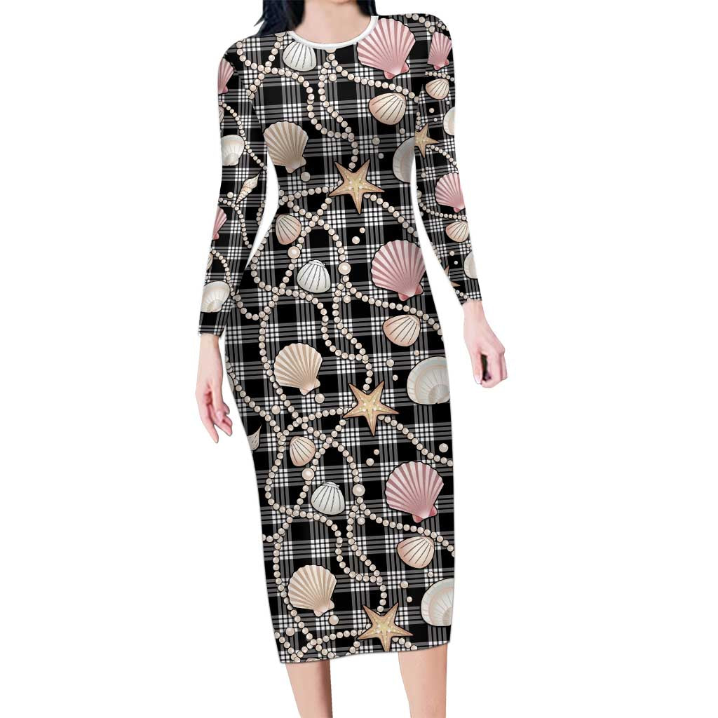 Hawaiian Ocean Seashells Family Matching Long Sleeve Bodycon Dress and Hawaiian Shirt Black Palaka Pattern