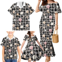 Hawaiian Ocean Seashells Family Matching Mermaid Dress and Hawaiian Shirt Black Palaka Pattern