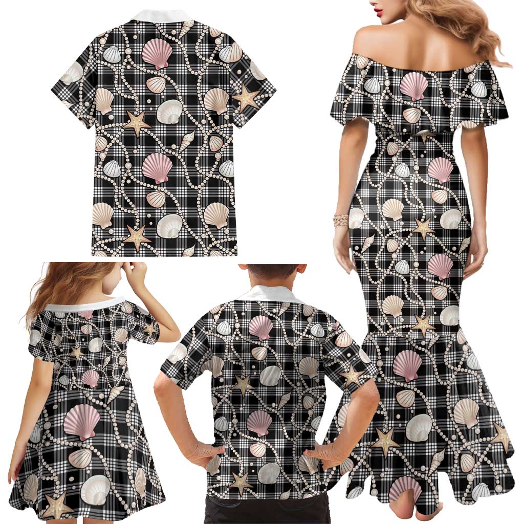 Hawaiian Ocean Seashells Family Matching Mermaid Dress and Hawaiian Shirt Black Palaka Pattern