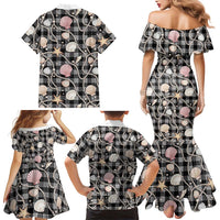 Hawaiian Ocean Seashells Family Matching Mermaid Dress and Hawaiian Shirt Black Palaka Pattern