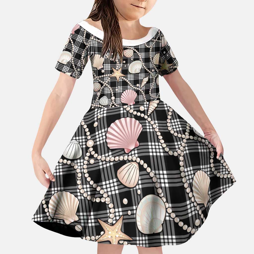 Hawaiian Ocean Seashells Family Matching Off The Shoulder Long Sleeve Dress and Hawaiian Shirt Black Palaka Pattern LT01 Daughter's Dress Black - Polynesian Pride