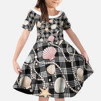 Hawaiian Ocean Seashells Family Matching Off The Shoulder Long Sleeve Dress and Hawaiian Shirt Black Palaka Pattern LT01 Daughter's Dress Black - Polynesian Pride