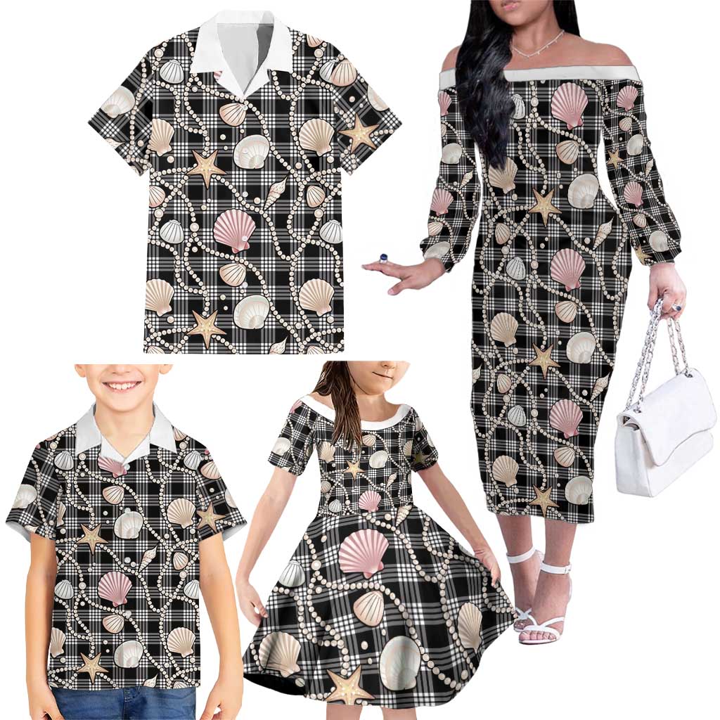 Hawaiian Ocean Seashells Family Matching Off The Shoulder Long Sleeve Dress and Hawaiian Shirt Black Palaka Pattern LT01 - Polynesian Pride