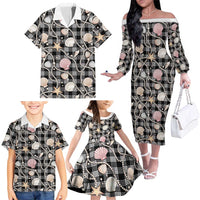 Hawaiian Ocean Seashells Family Matching Off The Shoulder Long Sleeve Dress and Hawaiian Shirt Black Palaka Pattern LT01 - Polynesian Pride
