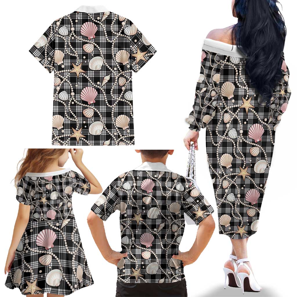 Hawaiian Ocean Seashells Family Matching Off The Shoulder Long Sleeve Dress and Hawaiian Shirt Black Palaka Pattern LT01 - Polynesian Pride