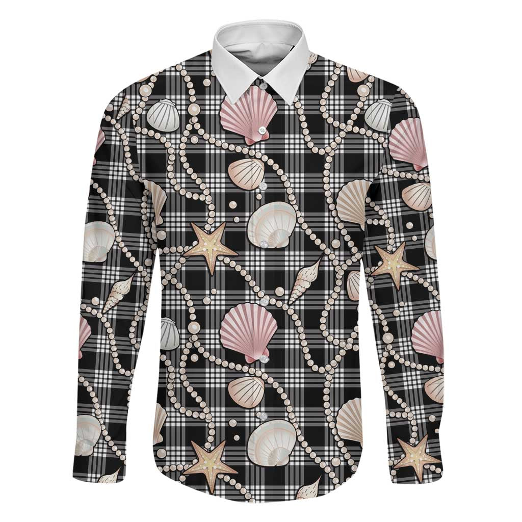 Hawaiian Ocean Seashells Family Matching Off The Shoulder Long Sleeve Dress and Hawaiian Shirt Black Palaka Pattern LT01 Dad's Shirt - Long Sleeve Black - Polynesian Pride