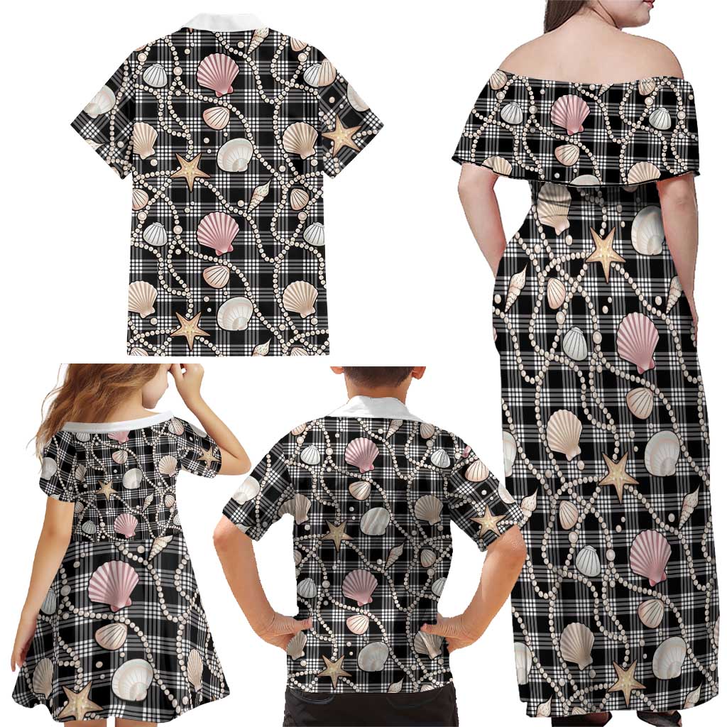 Hawaiian Ocean Seashells Family Matching Off Shoulder Maxi Dress and Hawaiian Shirt Black Palaka Pattern