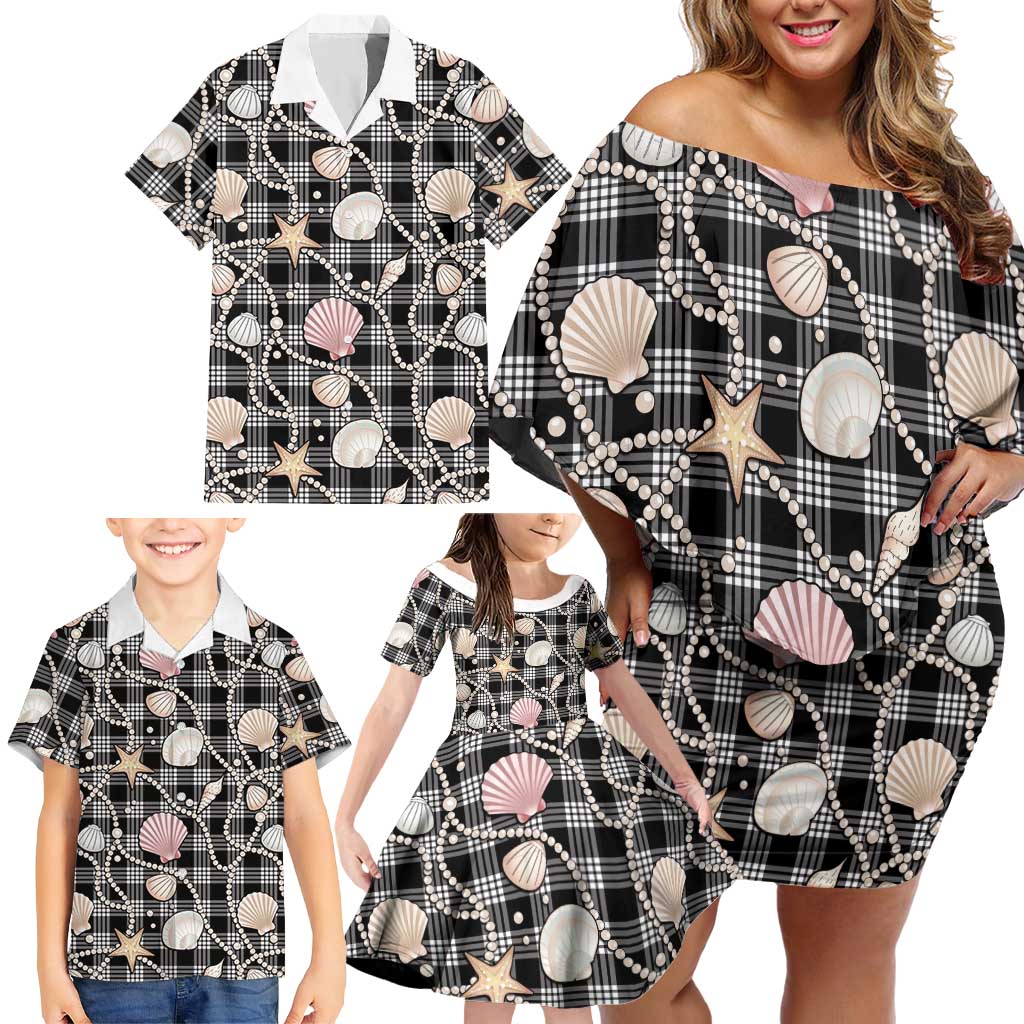 Hawaiian Ocean Seashells Family Matching Off Shoulder Short Dress and Hawaiian Shirt Black Palaka Pattern