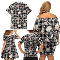 Hawaiian Ocean Seashells Family Matching Off Shoulder Short Dress and Hawaiian Shirt Black Palaka Pattern