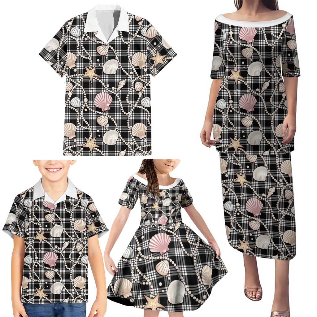 Hawaiian Ocean Seashells Family Matching Puletasi and Hawaiian Shirt Black Palaka Pattern