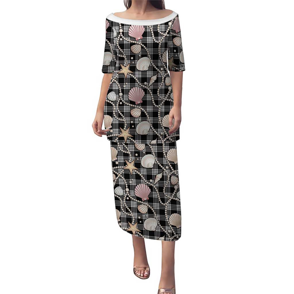 Hawaiian Ocean Seashells Family Matching Puletasi and Hawaiian Shirt Black Palaka Pattern