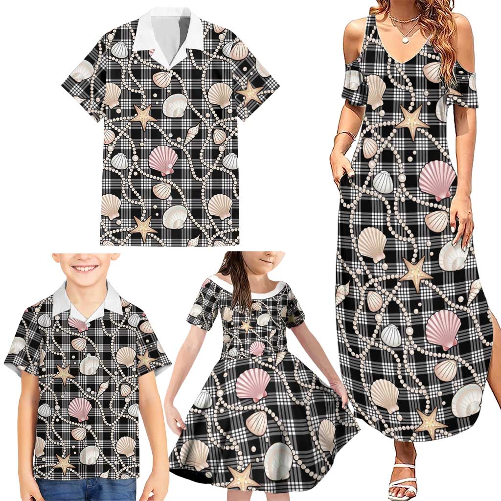 Hawaiian Ocean Seashells Family Matching Summer Maxi Dress and Hawaiian Shirt Black Palaka Pattern