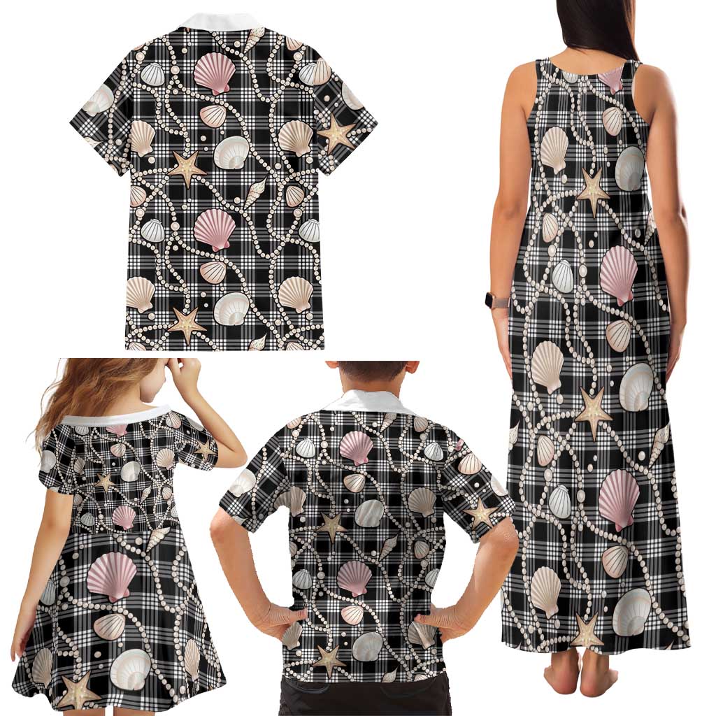 Hawaiian Ocean Seashells Family Matching Tank Maxi Dress and Hawaiian Shirt Black Palaka Pattern