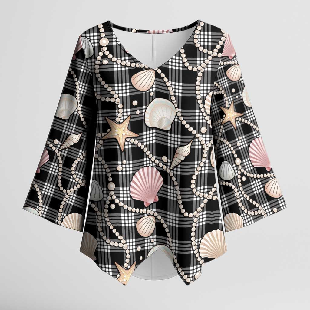 Hawaiian Ocean Seashells Kimono Sleeve Blouse Black Palaka Pattern