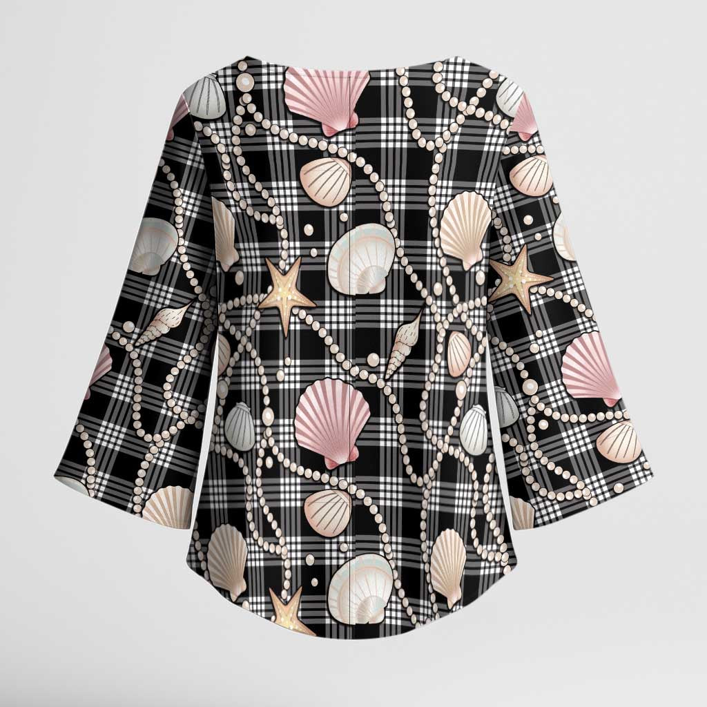 Hawaiian Ocean Seashells Kimono Sleeve Blouse Black Palaka Pattern