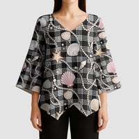 Hawaiian Ocean Seashells Kimono Sleeve Blouse Black Palaka Pattern