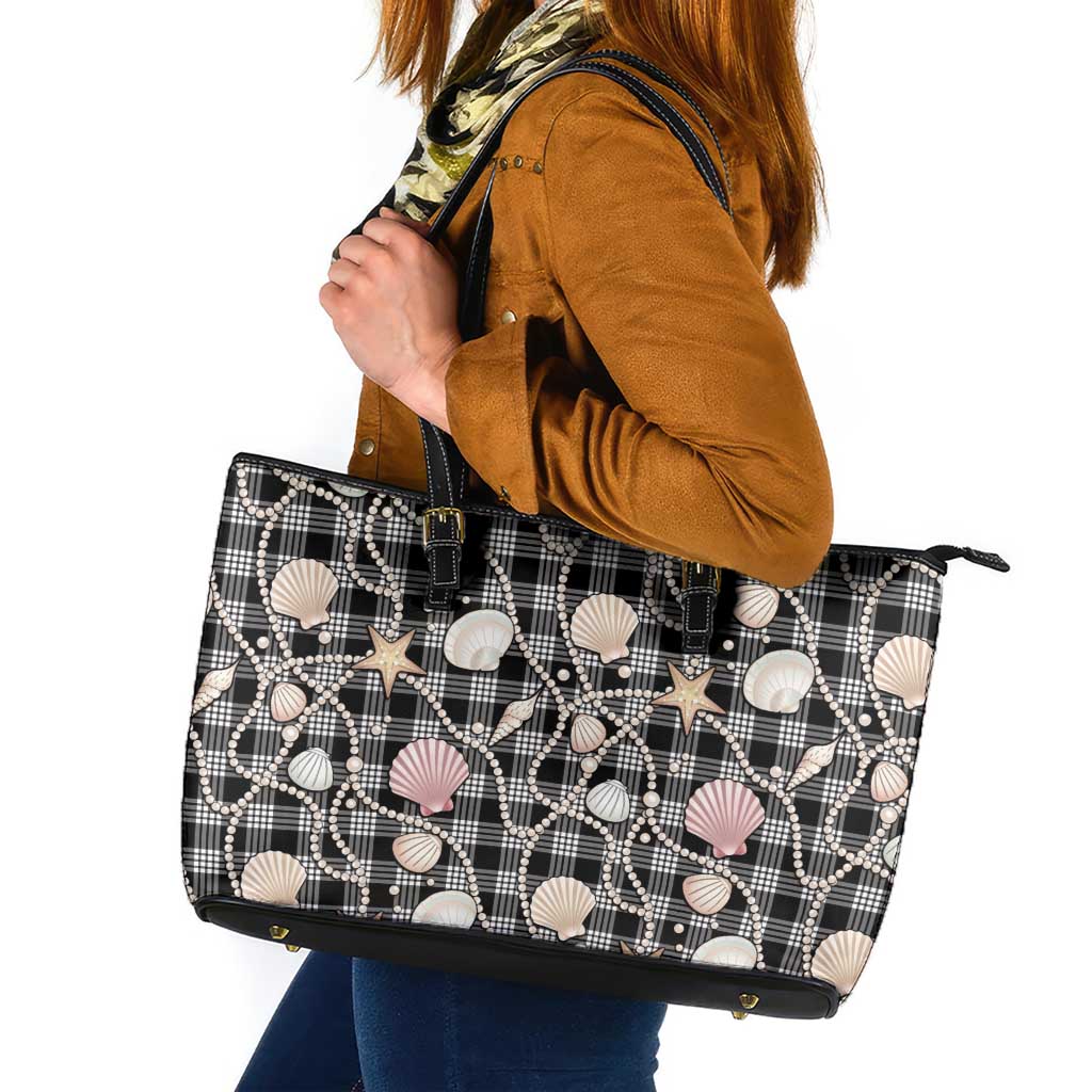 Hawaiian Ocean Seashells Leather Tote Bag Black Palaka Pattern