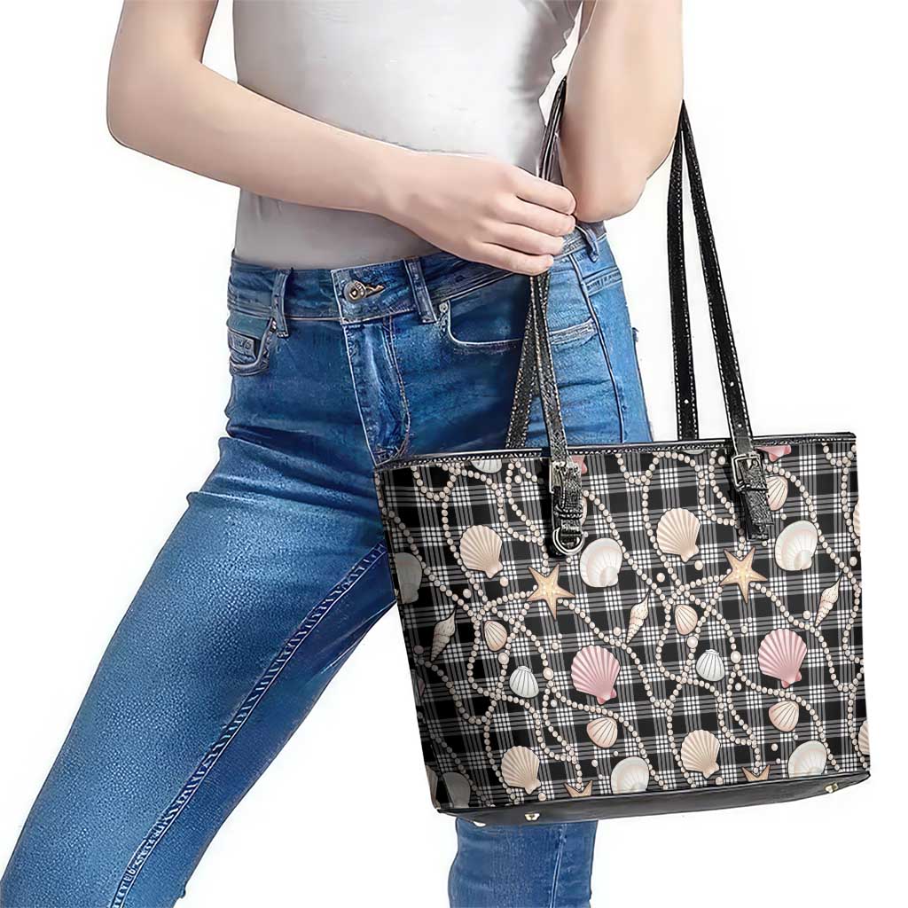 Hawaiian Ocean Seashells Leather Tote Bag Black Palaka Pattern