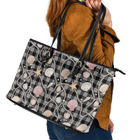 Hawaiian Ocean Seashells Leather Tote Bag Black Palaka Pattern