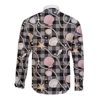 Hawaiian Ocean Seashells Long Sleeve Button Shirt Black Palaka Pattern