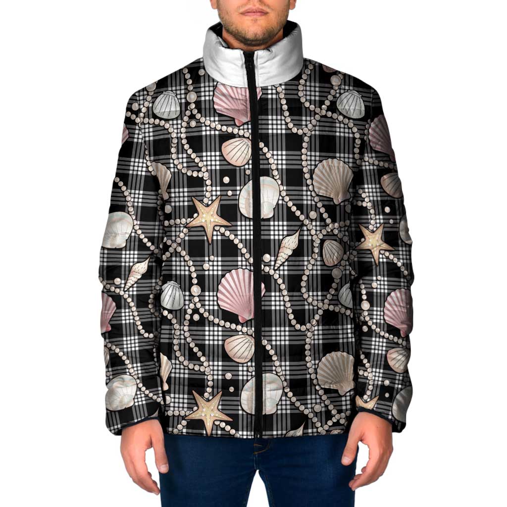 Hawaiian Ocean Seashells Padded Jacket Black Palaka Pattern