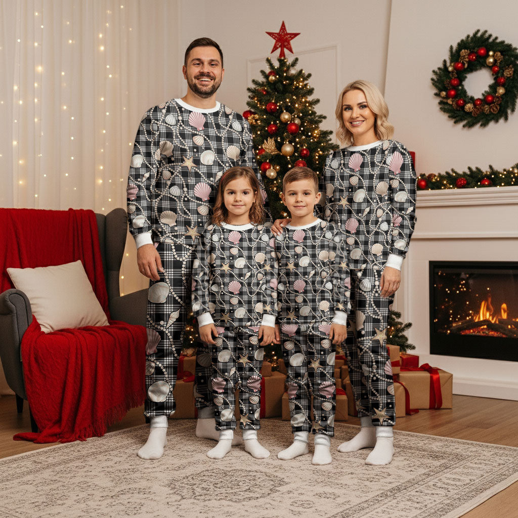 Hawaiian Ocean Seashells Christmas Pajama Set Black Palaka Pattern LT01 - Polynesian Pride