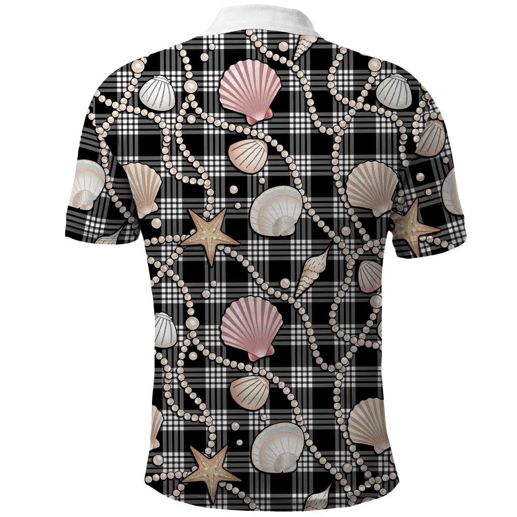 Hawaiian Ocean Seashells Polo Shirt Black Palaka Pattern