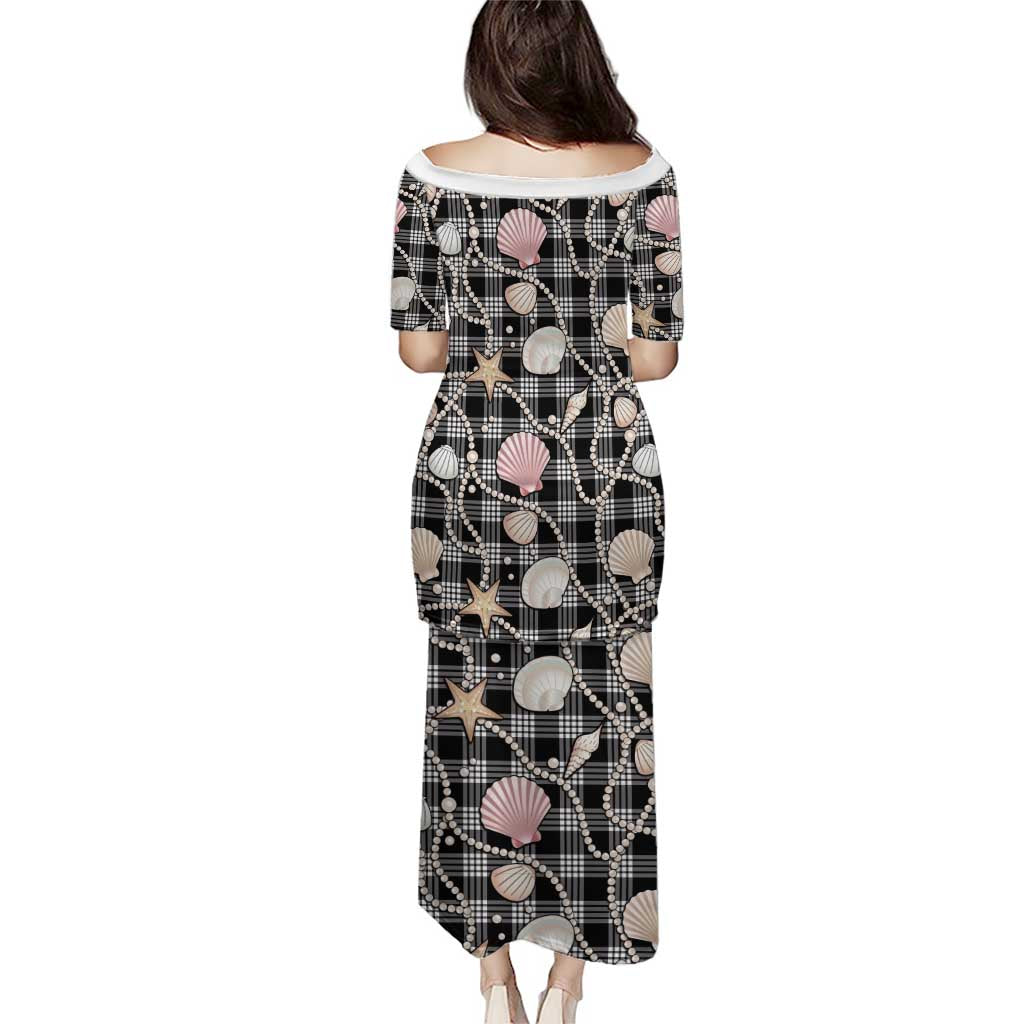 Hawaiian Ocean Seashells Puletasi Black Palaka Pattern